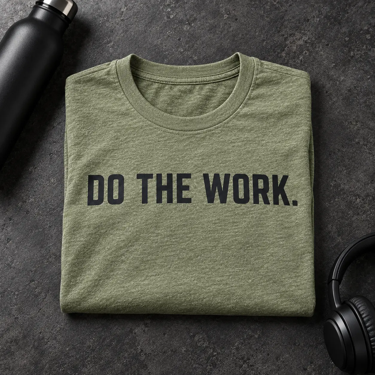 Olive-Heather "Do The Work." t-shirt folded on a slate surface